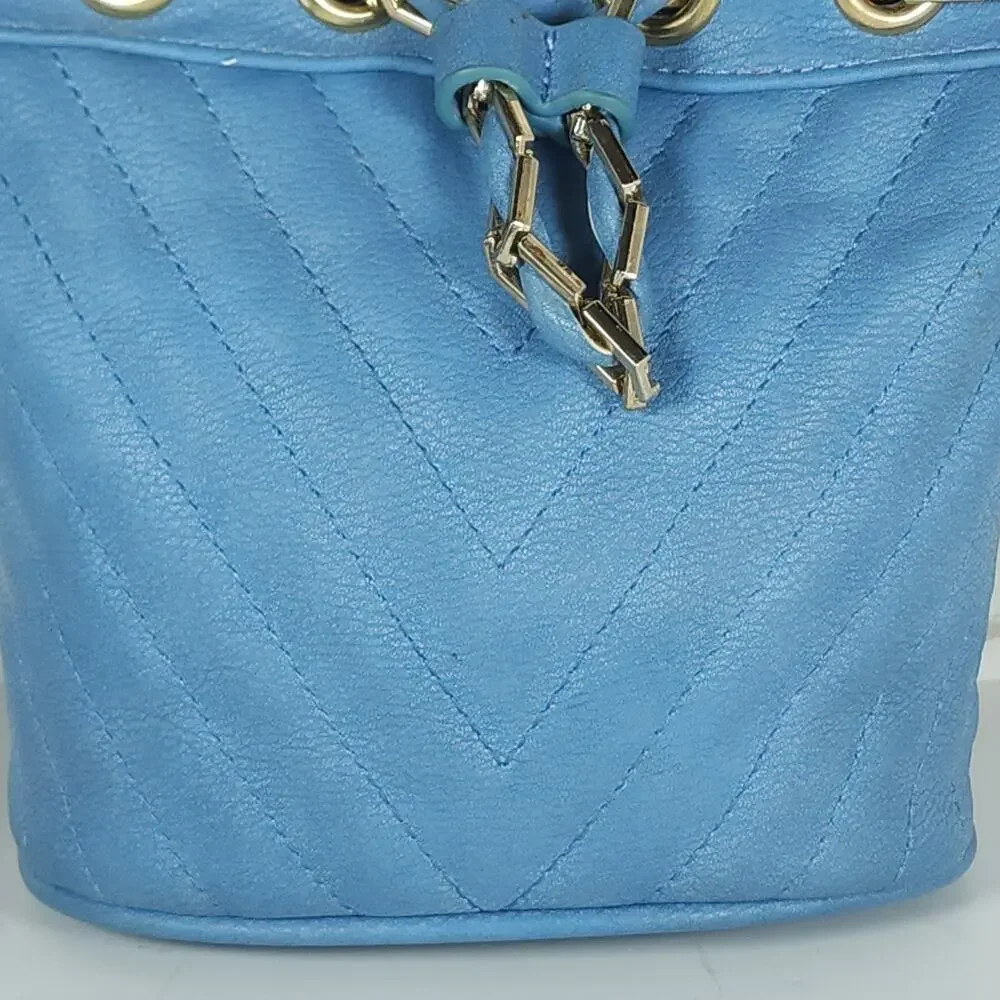 Free People Blue Faux Leather Gold Chain Drawstring Mini Bucket Bag Crossbody